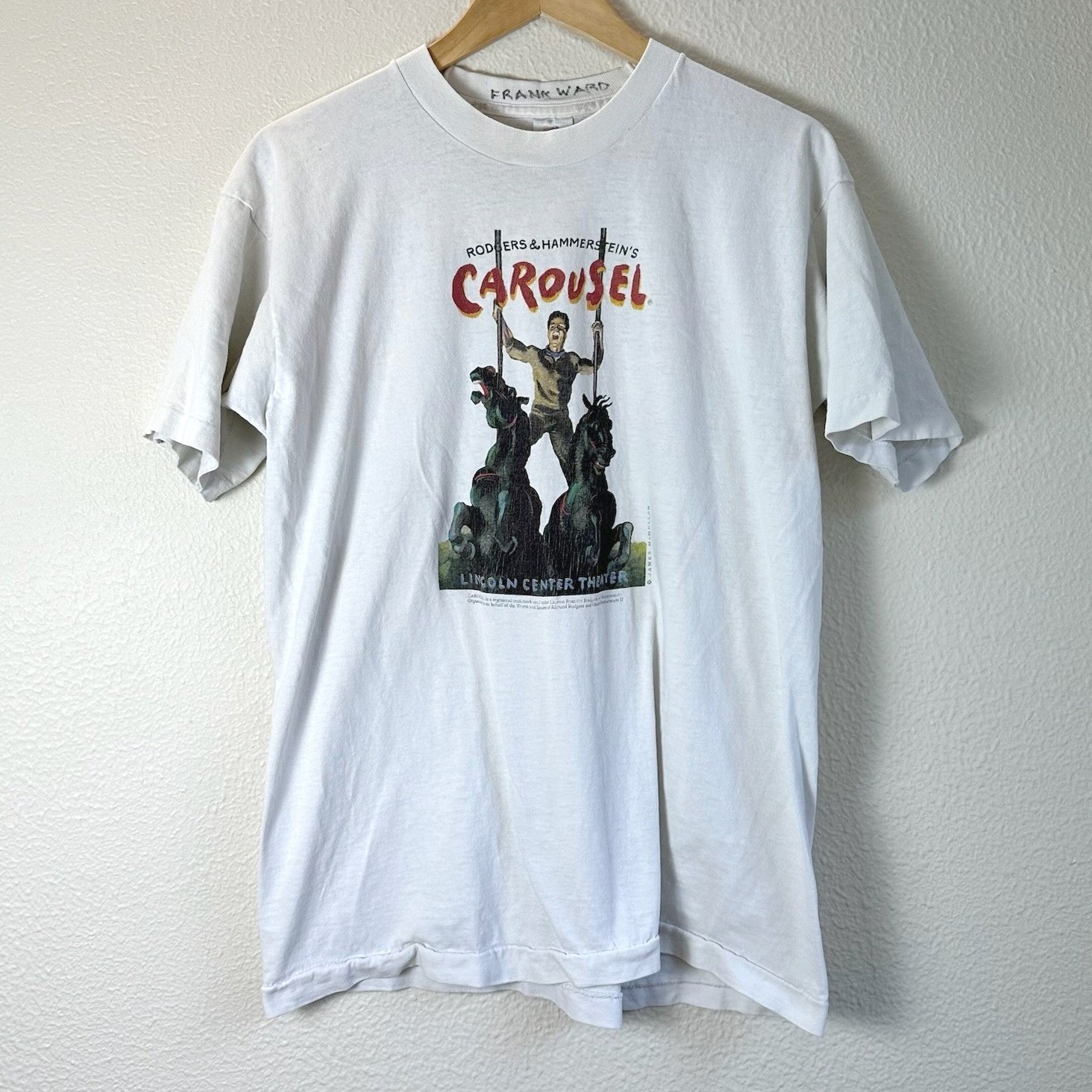 Vintage 90s Carousel T-Shirt Mens Size L White Short Sleeve Cotton Single Stitch